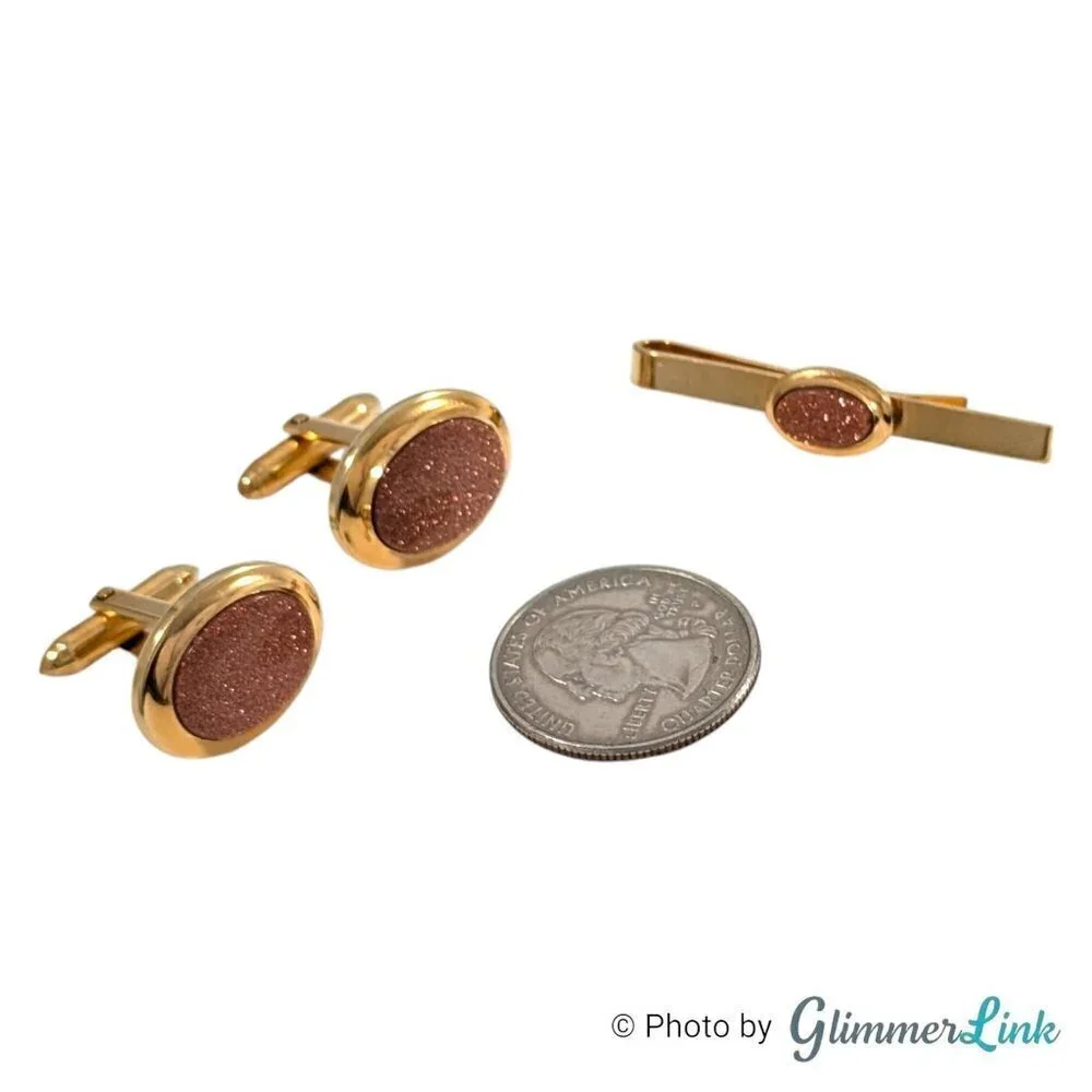 VTG DB 1/20 14KT GF Dolan Bullock Oval Goldstone Gold Tone Cufflinks & Tie Bar